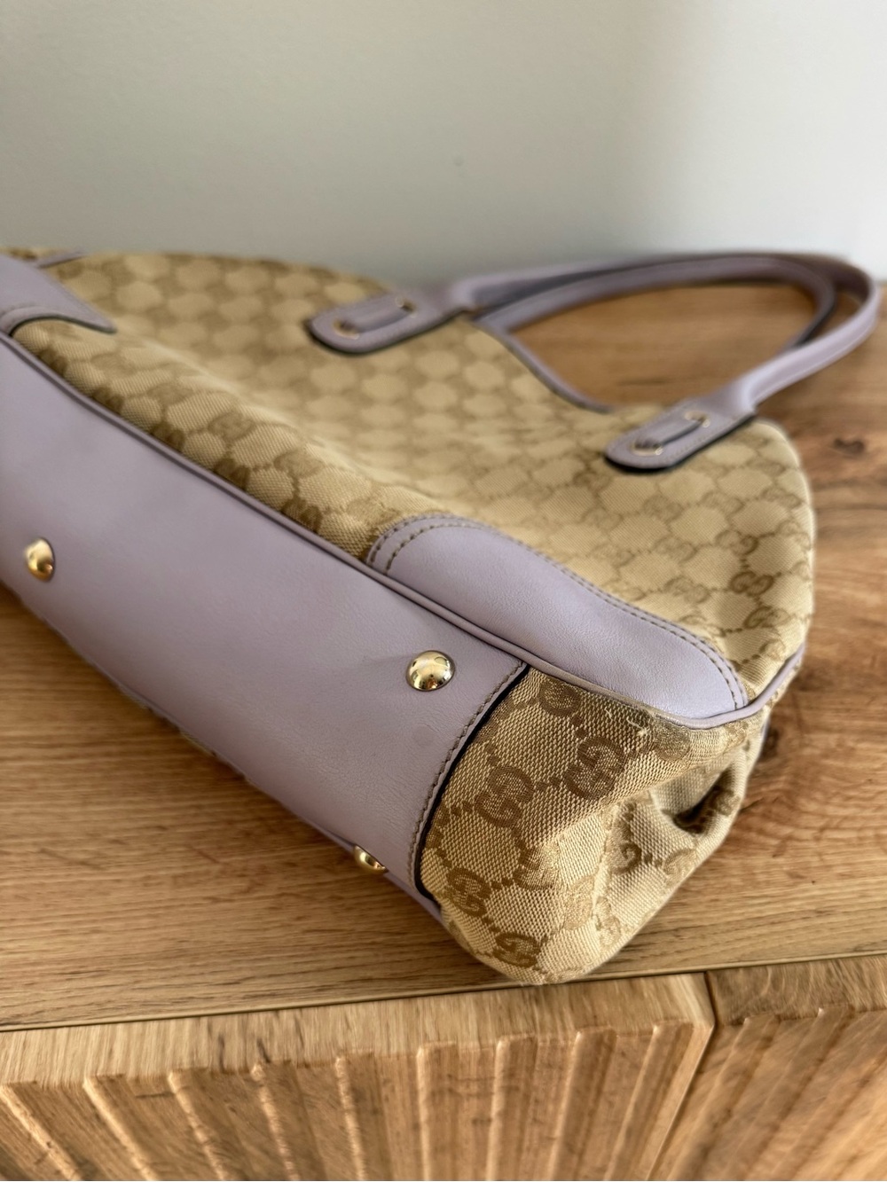 Authentic Gucci GG Monogram Canvas Princy Tote Beige Purple Leather Shoulder Bag - Picture 11 of 16